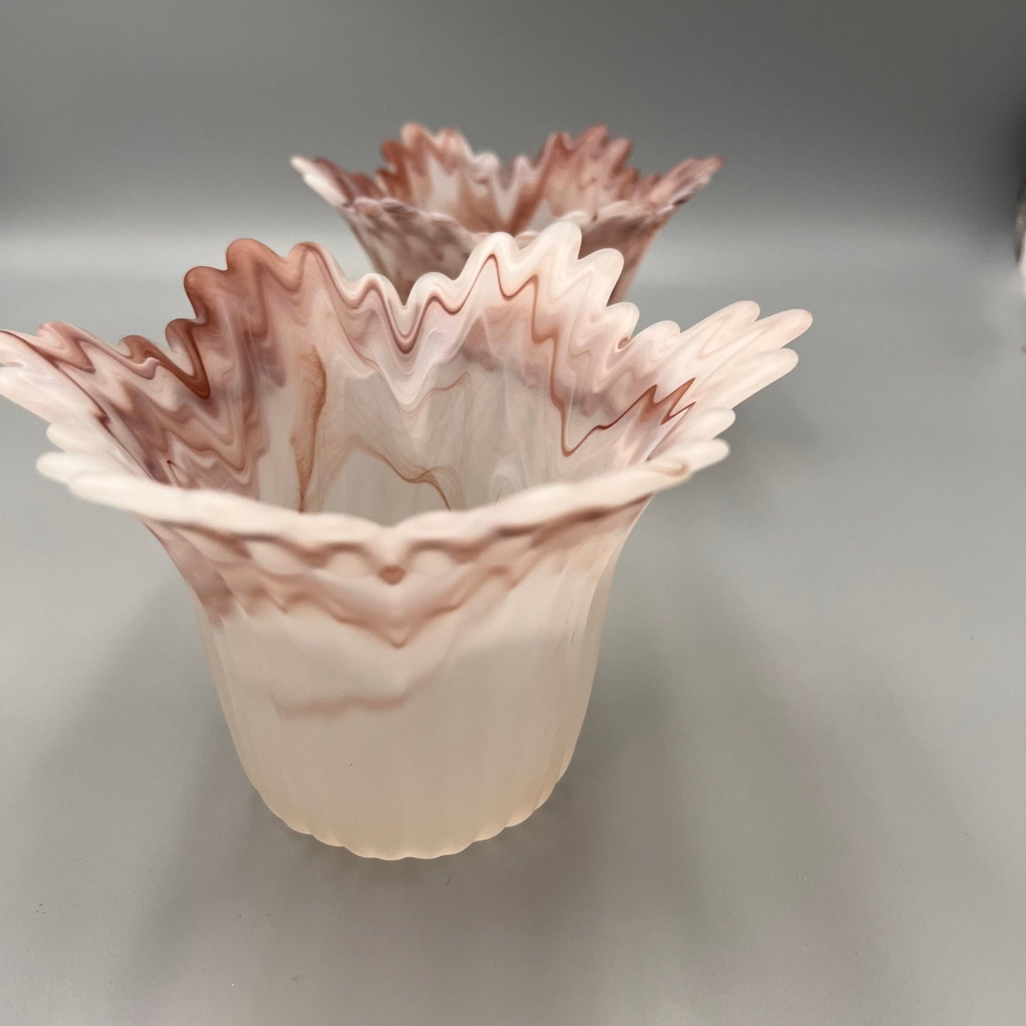 Pair of Marbled Pink Art Glass Lamp Shades – Ruffled Edge Swirl Satin Glass – Vintage Style Light Covers, 1-5/8" Fitter
