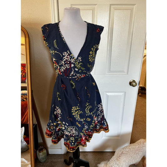 Solaris Boho Wrap Dress – Blue Bird & Floral Print – Size Large