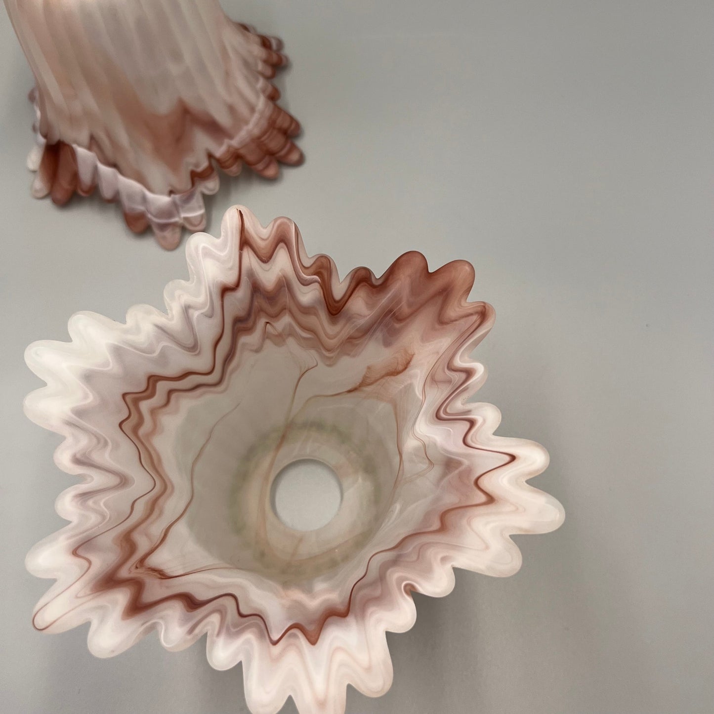 Pair of Marbled Pink Art Glass Lamp Shades – Ruffled Edge Swirl Satin Glass – Vintage Style Light Covers, 1-5/8" Fitter