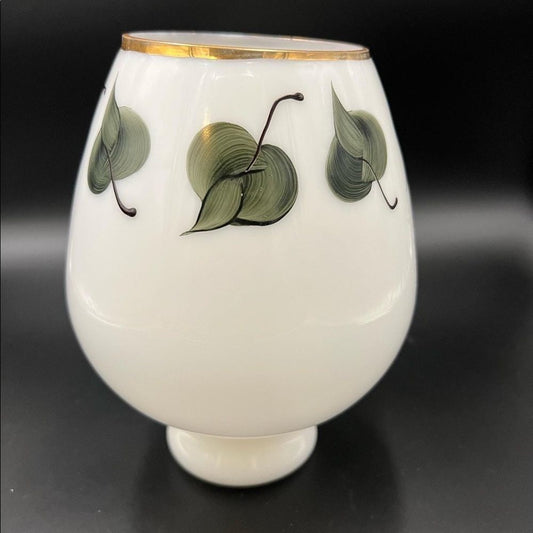 Vintage Milk Glass Vase with Hand-Painted Green Leaves and Gold Rim | Mid-Century Pedestal Bowl | Retro Hollywood Regency Decor