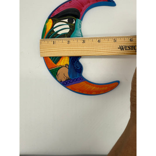 Hand-Painted Mexican Folk Art Crescent Moon Wall Hanging – Vibrant Talavera Style Face – 7” Ceramic Wall Decor