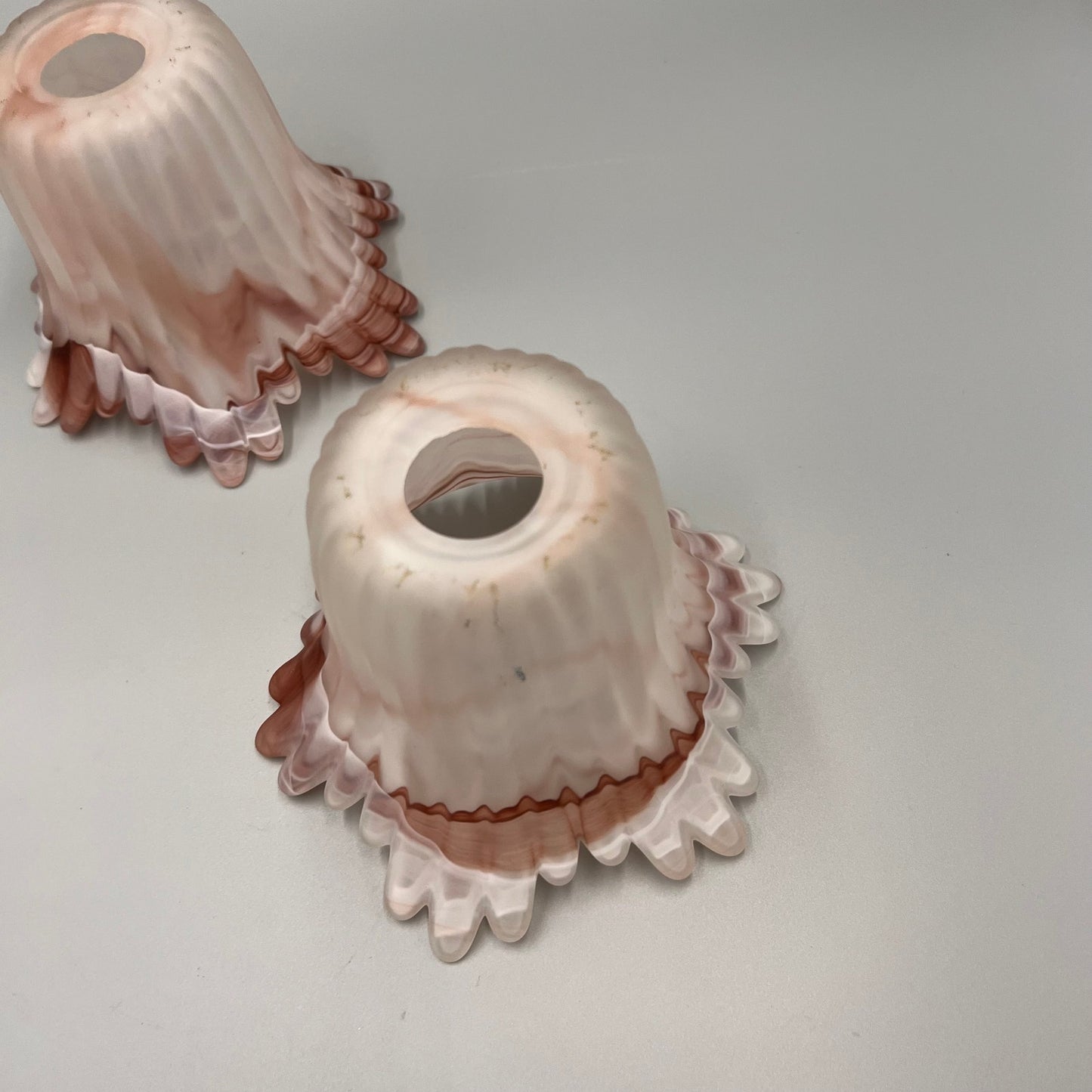 Pair of Marbled Pink Art Glass Lamp Shades – Ruffled Edge Swirl Satin Glass – Vintage Style Light Covers, 1-5/8" Fitter