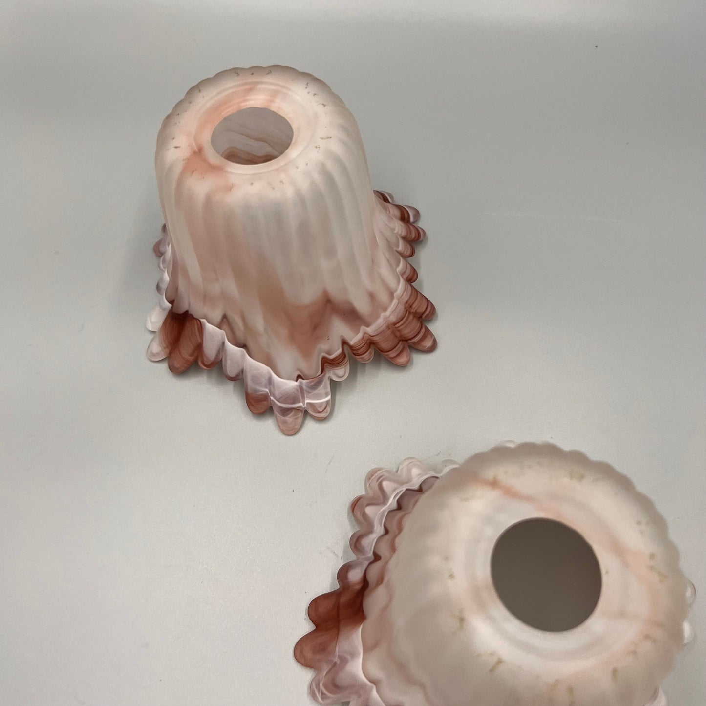 Pair of Marbled Pink Art Glass Lamp Shades – Ruffled Edge Swirl Satin Glass – Vintage Style Light Covers, 1-5/8" Fitter