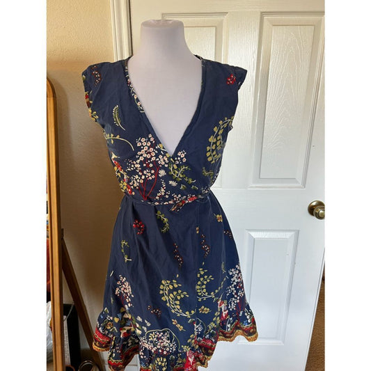 Solaris Boho Wrap Dress – Blue Bird & Floral Print – Size Large