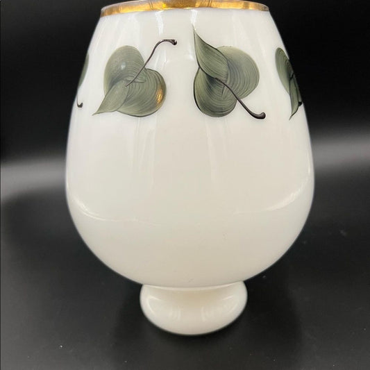 Vintage Milk Glass Vase with Hand-Painted Green Leaves and Gold Rim | Mid-Century Pedestal Bowl | Retro Hollywood Regency Decor