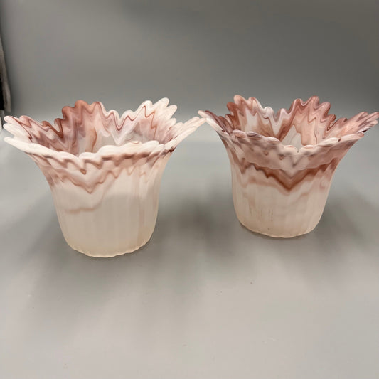 Pair of Marbled Pink Art Glass Lamp Shades – Ruffled Edge Swirl Satin Glass – Vintage Style Light Covers, 1-5/8" Fitter