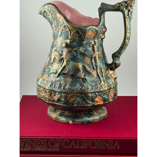 Vintage Knight Pitcher – Signed J. Waters – Pink Glazed Interior – Medieval Relief – Gothic Revival Decor