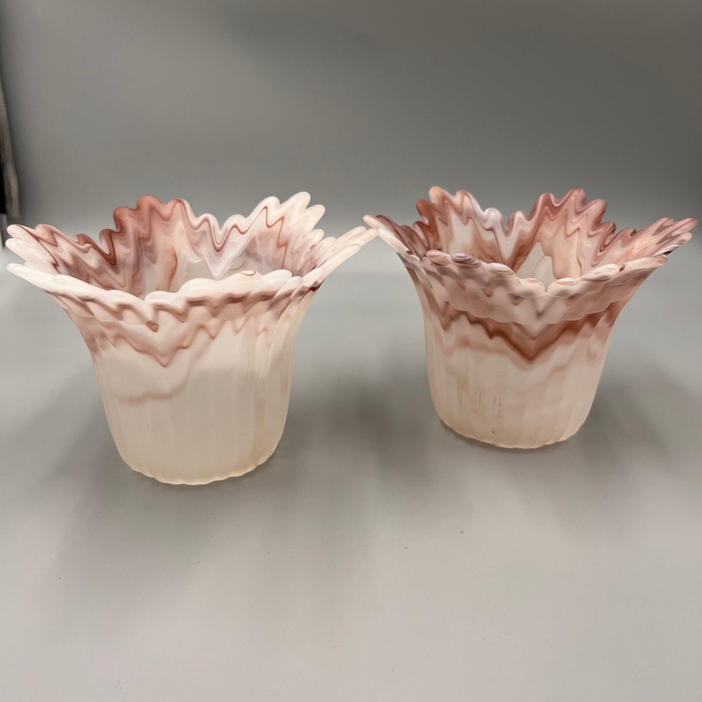 Pair of Marbled Pink Art Glass Lamp Shades – Ruffled Edge Swirl Satin Glass – Vintage Style Light Covers, 1-5/8" Fitter