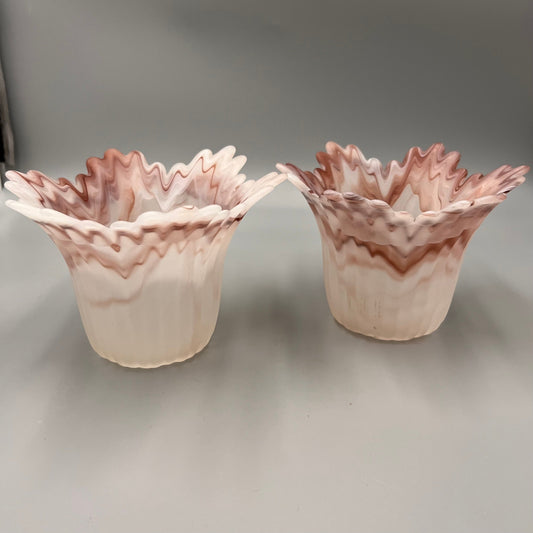 Pair of Marbled Pink Art Glass Lamp Shades – Ruffled Edge Swirl Satin Glass – Vintage Style Light Covers, 1-5/8" Fitter