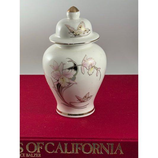 Vintage Porcelain Ginger Jar with Lid – Butterfly & Orchid Design, Gold Trim – 7 Inch Decorative Jar