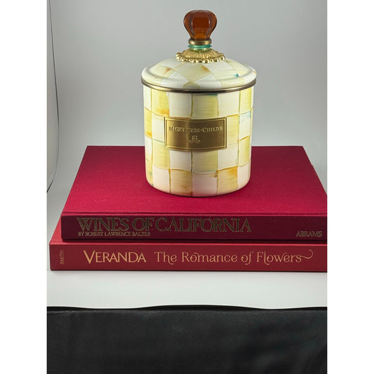 MacKenzie-Childs Parchment Check Canister with Amber Finial + Matching Plate | Brass Label
