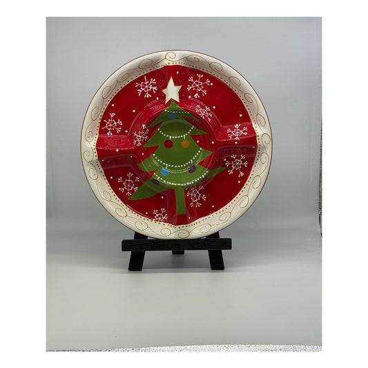 Pier 1 Christmas Divided Serving Platter – 14” Ceramic Holiday Tray – Snowflake Christmas Tree Sectional Dish – Red Hand-Painted Style Plate