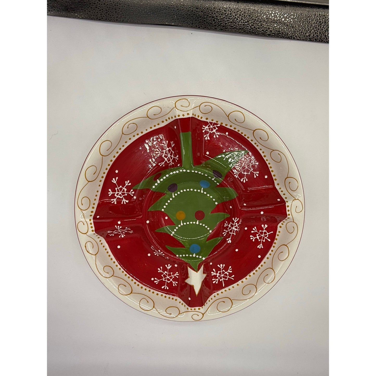 Pier 1 Christmas Divided Serving Platter – 14” Ceramic Holiday Tray – Snowflake Christmas Tree Sectional Dish – Red Hand-Painted Style Plate