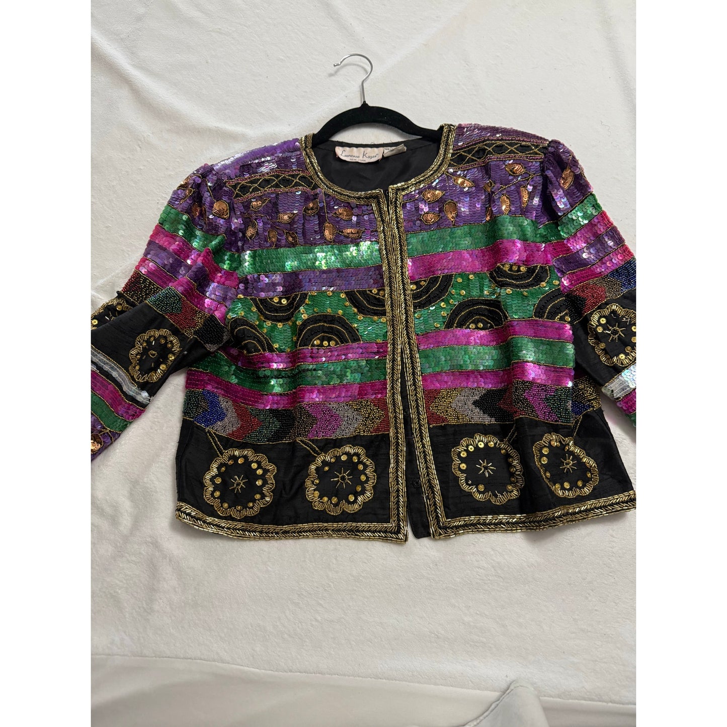 Lawrence Kazar Vintage 1980s Embellished Cropped Jacket XL | Purple Green Sequin Beaded Silk Statement Jacket