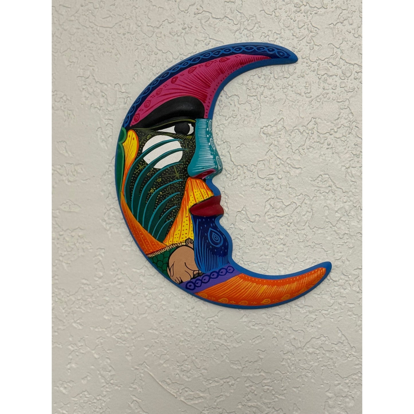 Hand-Painted Mexican Folk Art Crescent Moon Wall Hanging – Vibrant Talavera Style Face – 7” Ceramic Wall Decor