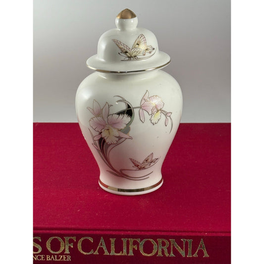 Vintage Porcelain Ginger Jar with Lid – Butterfly & Orchid Design, Gold Trim – 7 Inch Decorative Jar