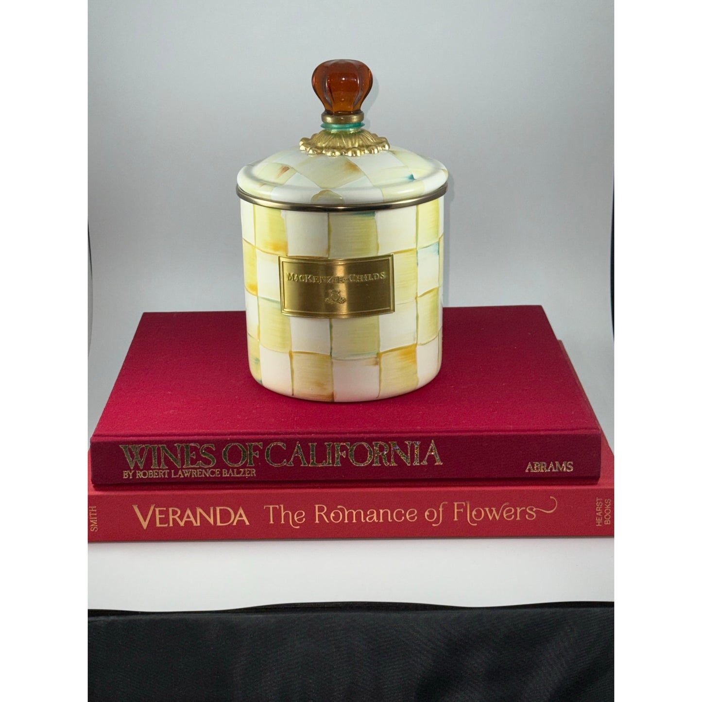 MacKenzie-Childs Parchment Check Canister with Amber Finial + Matching Plate | Brass Label