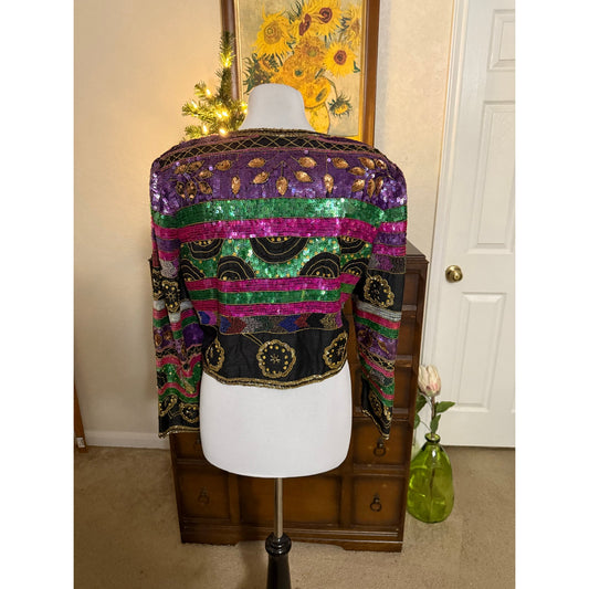 Lawrence Kazar Vintage 1980s Embellished Cropped Jacket XL | Purple Green Sequin Beaded Silk Statement Jacket