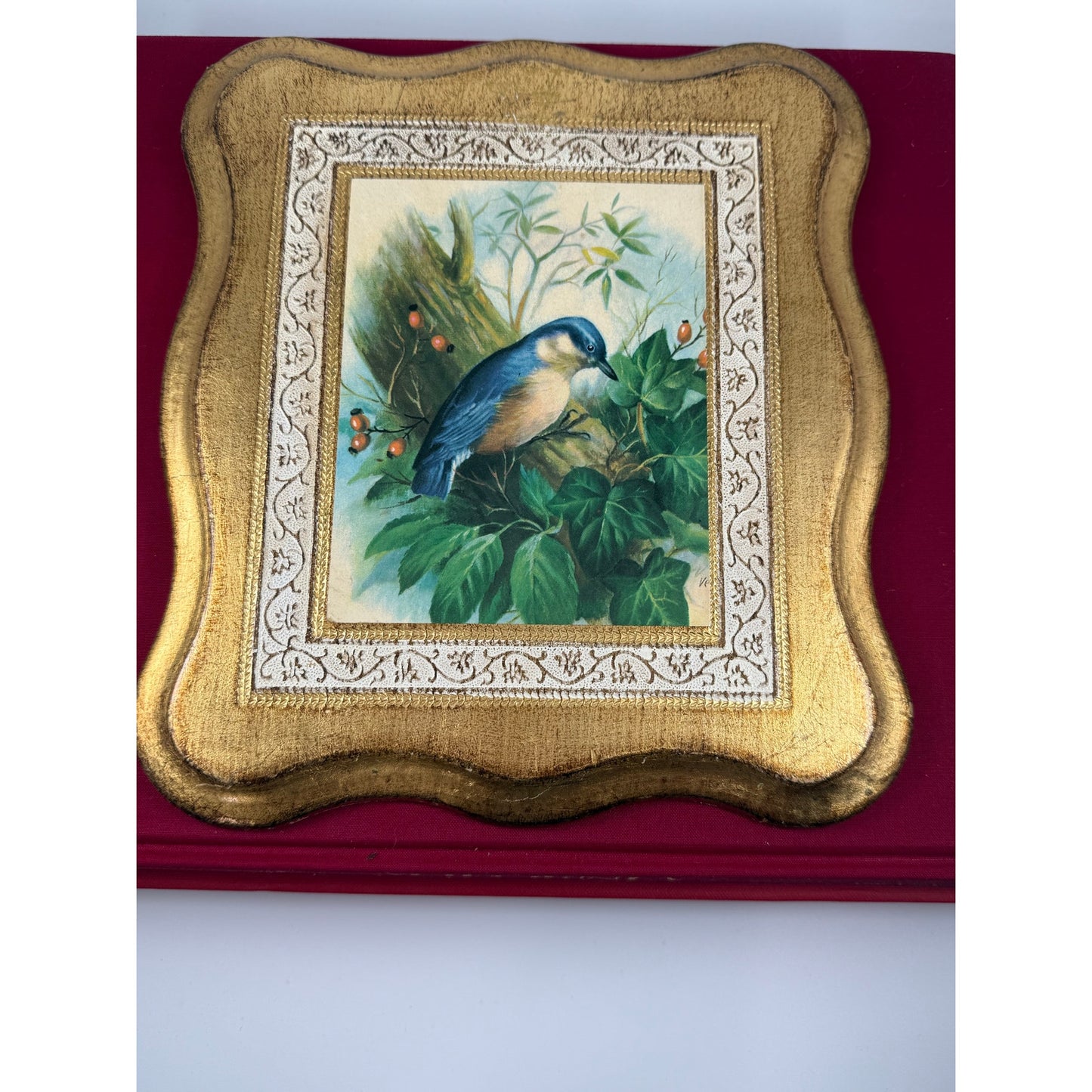 Vintage Italian Gilded Wood Plaque – Bluebird Painting – Made in Italy