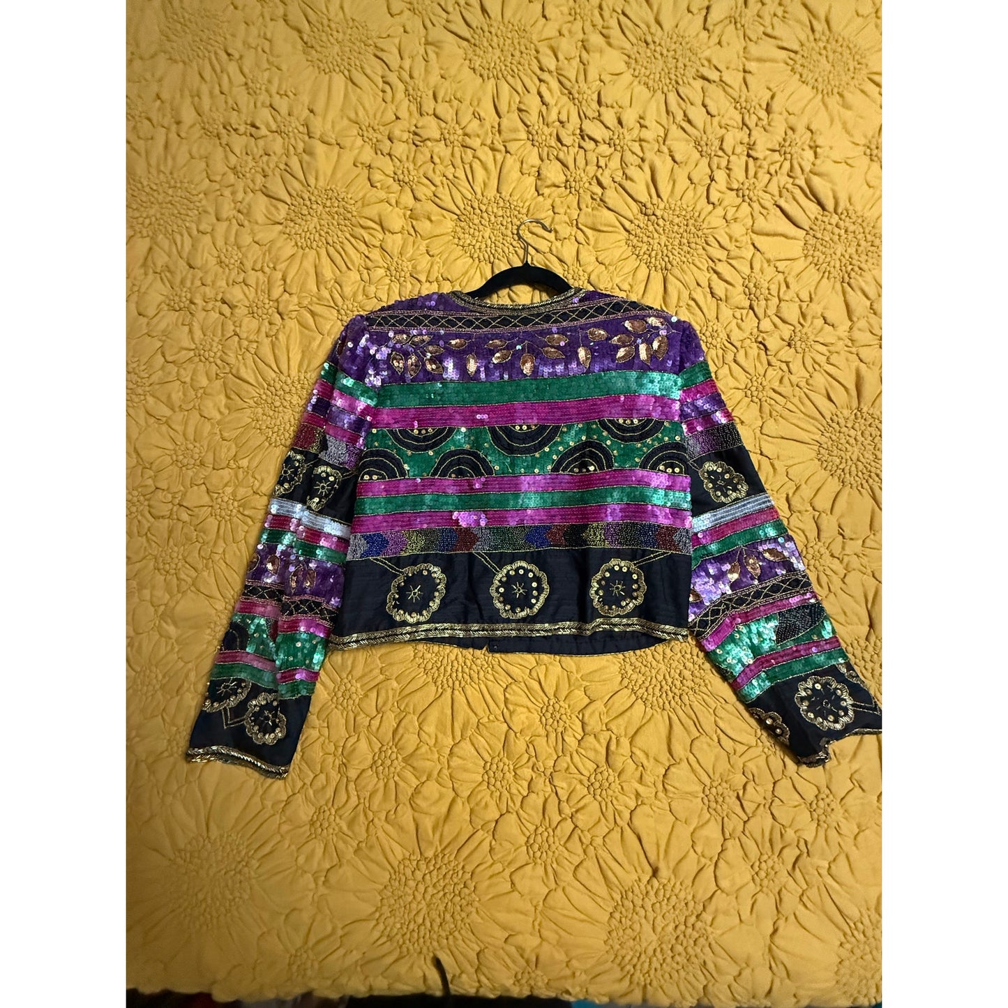 Lawrence Kazar Vintage 1980s Embellished Cropped Jacket XL | Purple Green Sequin Beaded Silk Statement Jacket