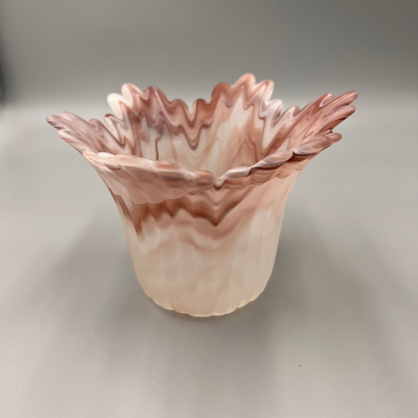 Pair of Marbled Pink Art Glass Lamp Shades – Ruffled Edge Swirl Satin Glass – Vintage Style Light Covers, 1-5/8" Fitter