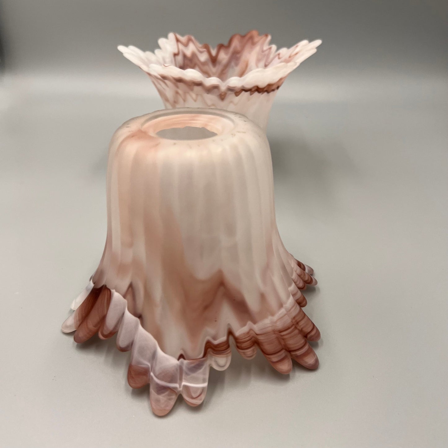 Pair of Marbled Pink Art Glass Lamp Shades – Ruffled Edge Swirl Satin Glass – Vintage Style Light Covers, 1-5/8" Fitter