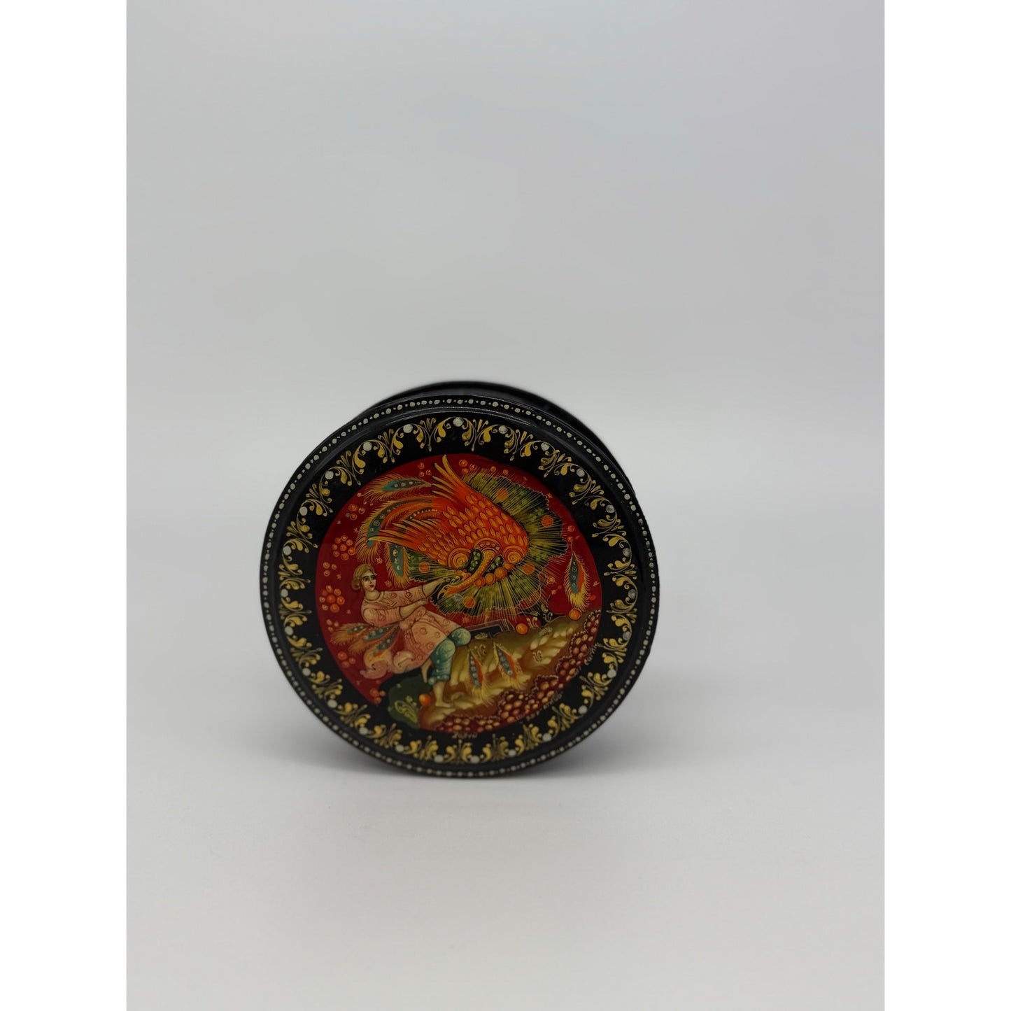 Vintage Russian Kholuy Lacquer Box — Hand-Painted “Firebird” Жар-Птица — Signed Sutin — Black & Gold Folk Art — 4” Round Red Interior