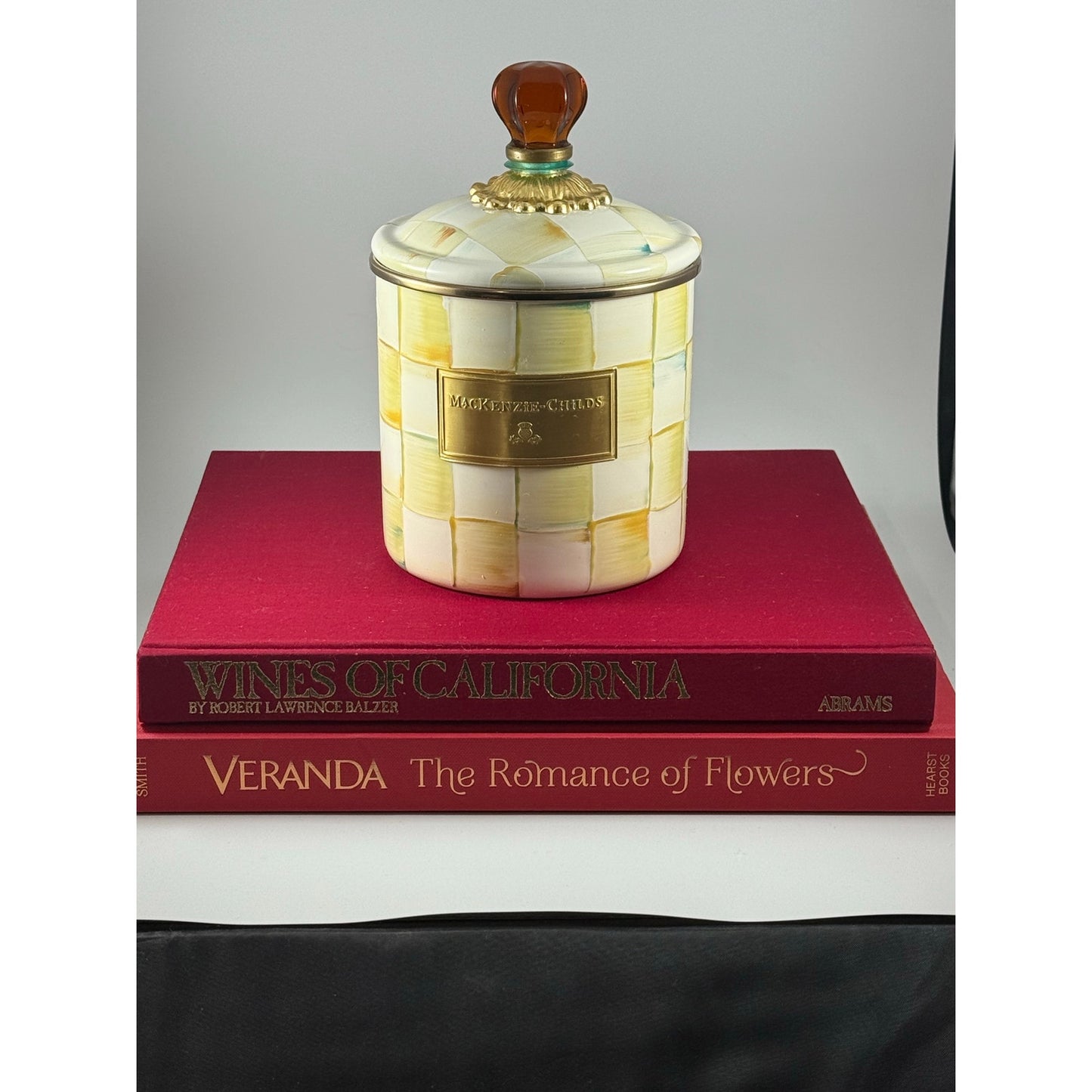 MacKenzie-Childs Parchment Check Canister with Amber Finial + Matching Plate | Brass Label