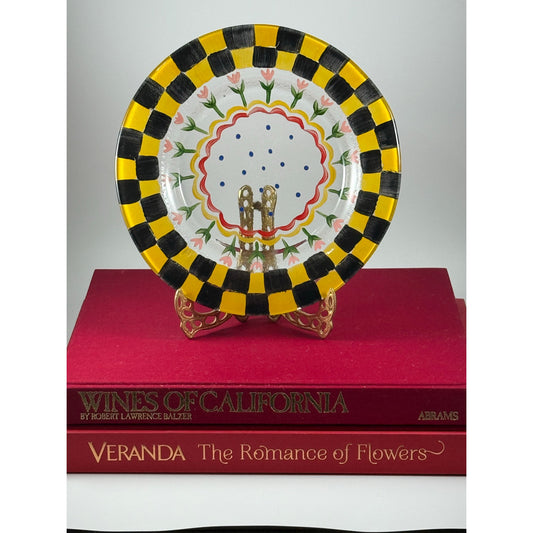 Cottagecore Hand-Painted Plate, Tulip Floral & Checkered Rim, MC-Inspired 8.5” Decor