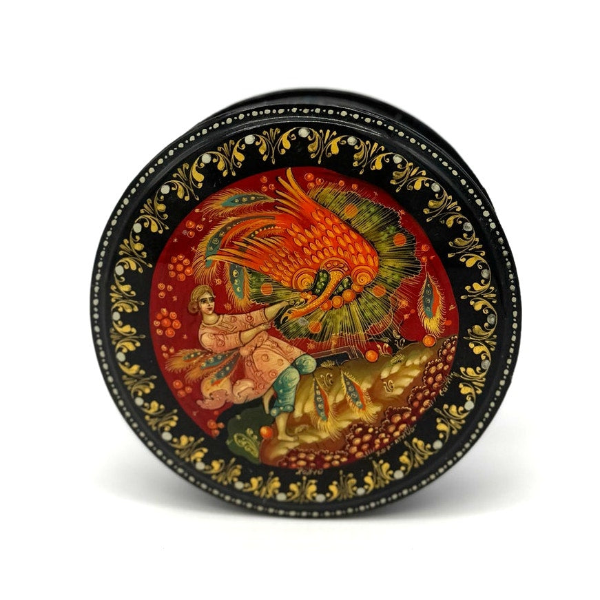 Vintage Russian Kholuy Lacquer Box — Hand-Painted “Firebird” Жар-Птица — Signed Sutin — Black & Gold Folk Art — 4” Round Red Interior