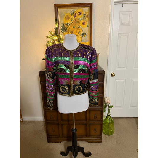Lawrence Kazar Vintage 1980s Embellished Cropped Jacket XL | Purple Green Sequin Beaded Silk Statement Jacket