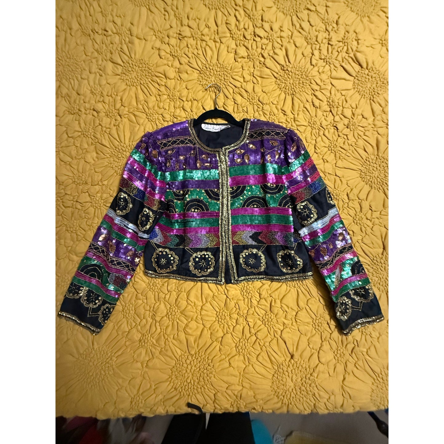 Lawrence Kazar Vintage 1980s Embellished Cropped Jacket XL | Purple Green Sequin Beaded Silk Statement Jacket