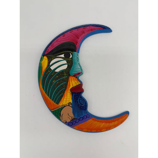 Hand-Painted Mexican Folk Art Crescent Moon Wall Hanging – Vibrant Talavera Style Face – 7” Ceramic Wall Decor