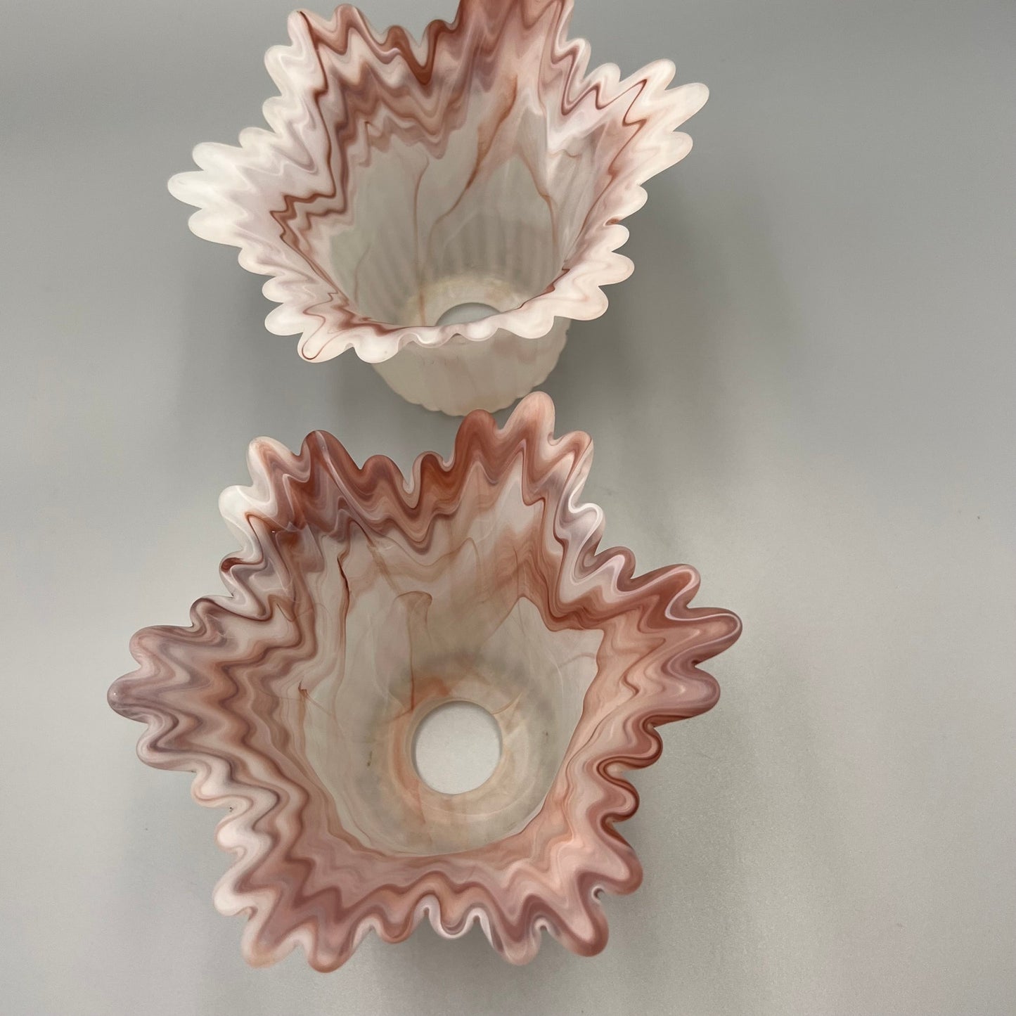 Pair of Marbled Pink Art Glass Lamp Shades – Ruffled Edge Swirl Satin Glass – Vintage Style Light Covers, 1-5/8" Fitter