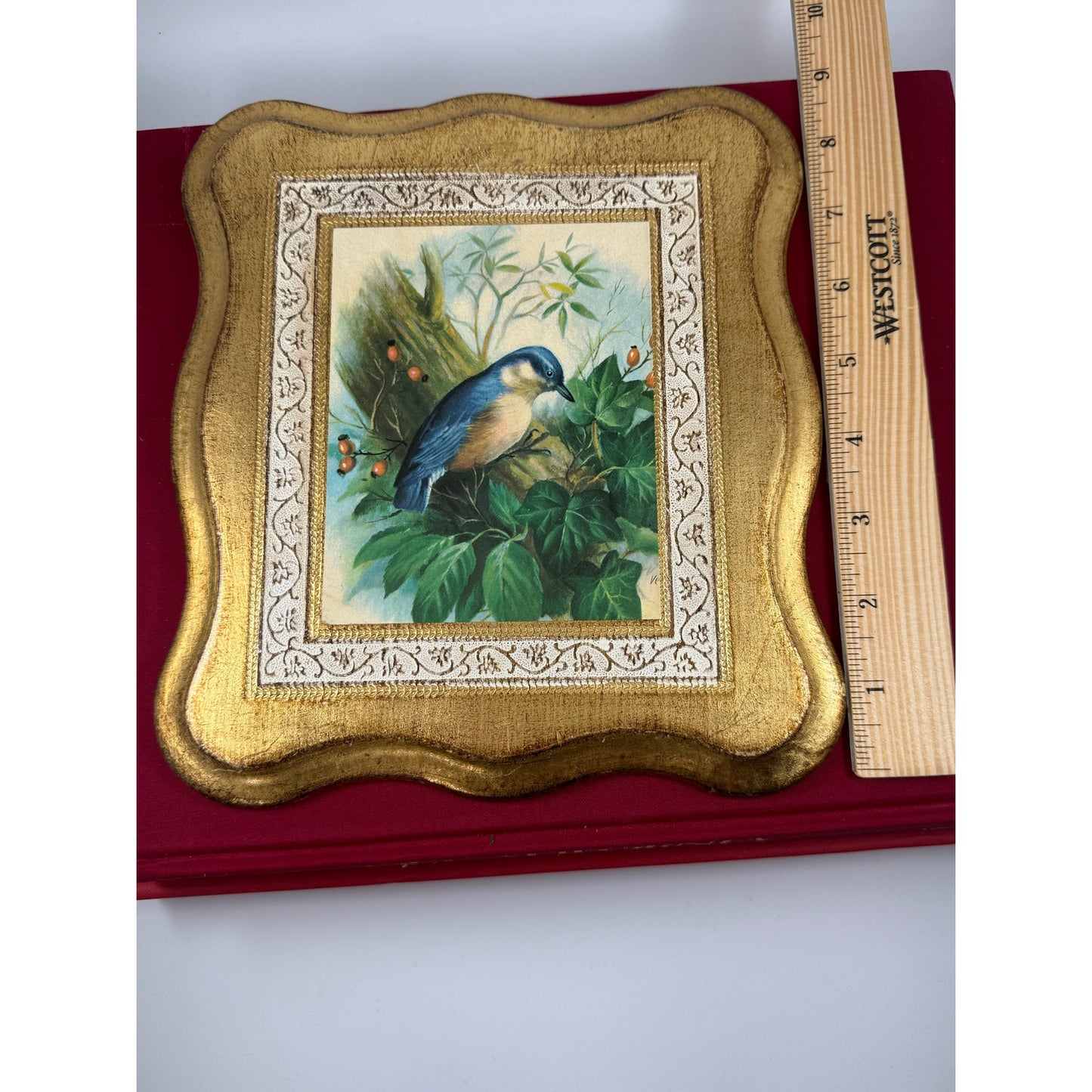 Vintage Italian Gilded Wood Plaque – Bluebird Painting – Made in Italy
