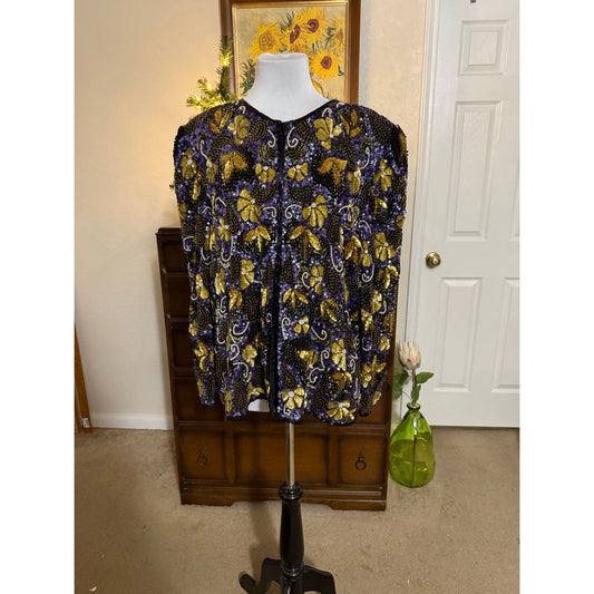 Vintage Lawrence Kazar Beaded Jacket – Purple & Gold Sequin Floral – Plus Size Statement Evening Jacket – 1980s 1990s Luxe Glam