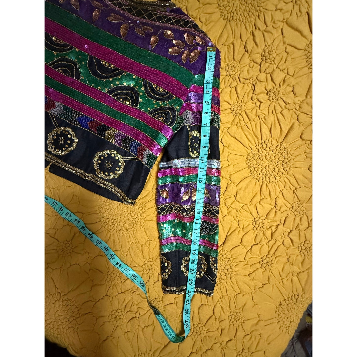 Lawrence Kazar Vintage 1980s Embellished Cropped Jacket XL | Purple Green Sequin Beaded Silk Statement Jacket