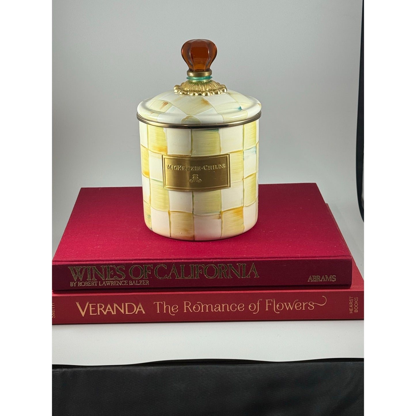 MacKenzie-Childs Parchment Check Canister with Amber Finial + Matching Plate | Brass Label