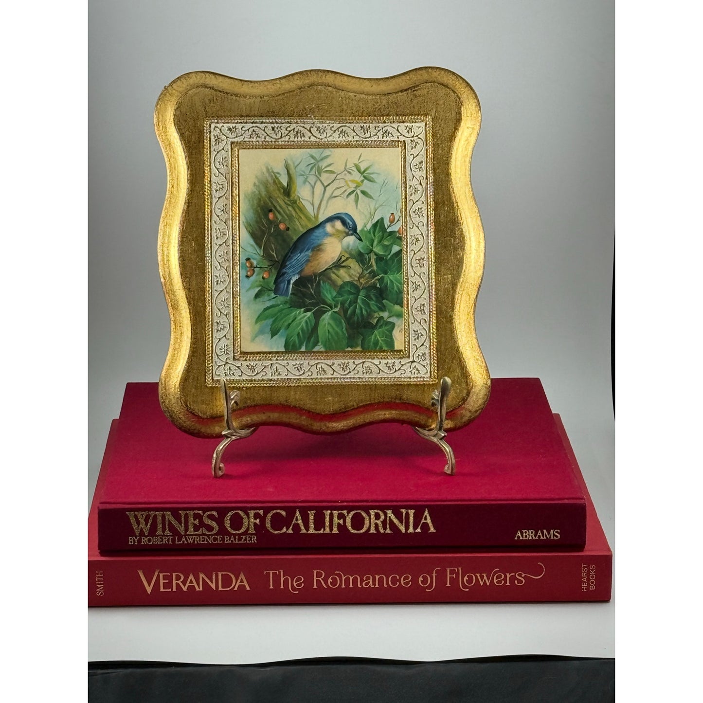 Vintage Italian Gilded Wood Plaque – Bluebird Painting – Made in Italy