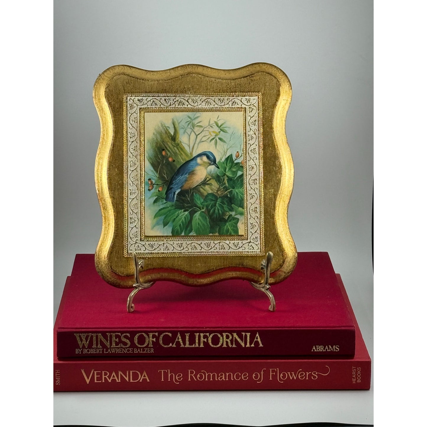 Vintage Italian Gilded Wood Plaque – Bluebird Painting – Made in Italy