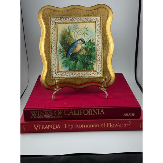 Vintage Italian Gilded Wood Plaque – Bluebird Painting – Made in Italy