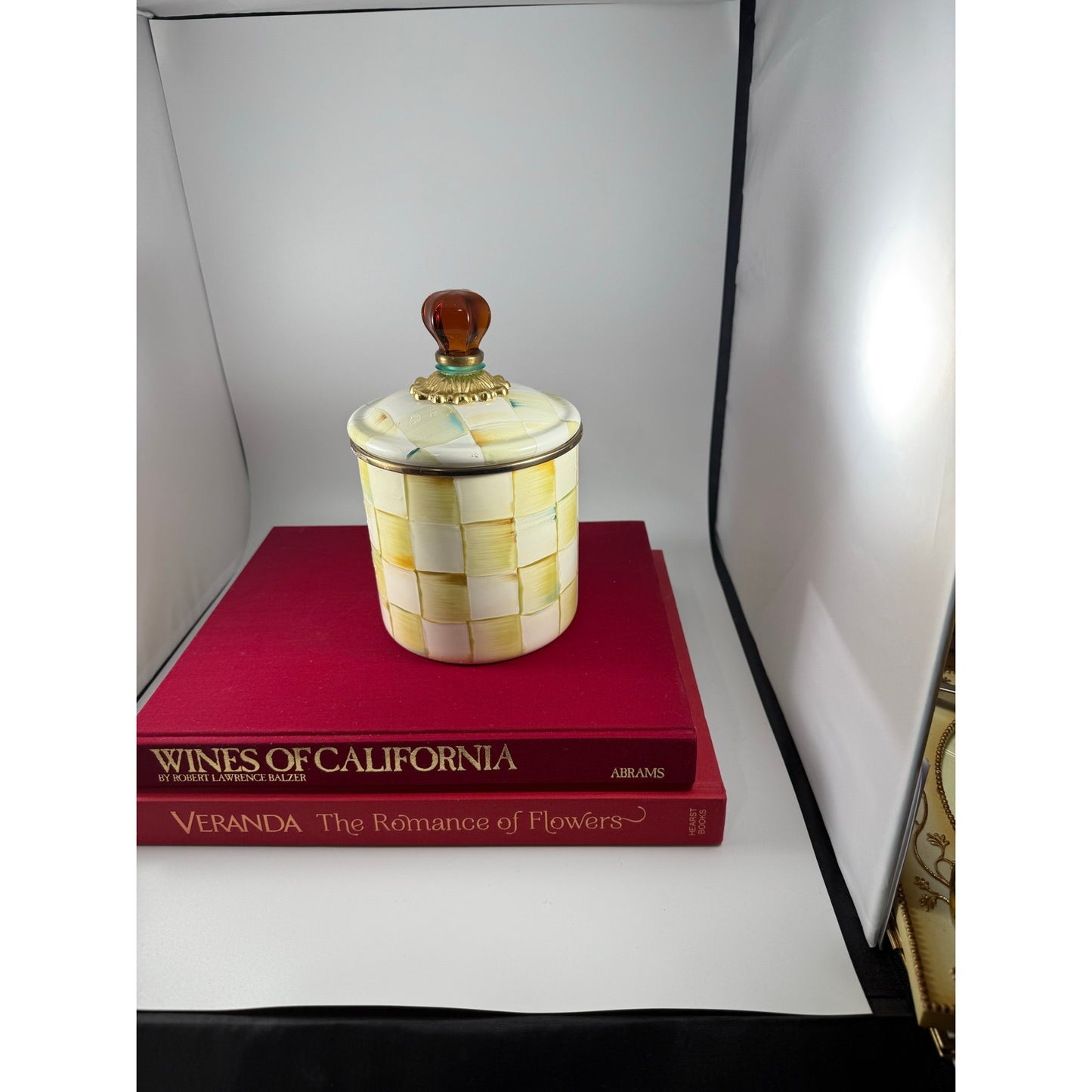 MacKenzie-Childs Parchment Check Canister with Amber Finial + Matching Plate | Brass Label