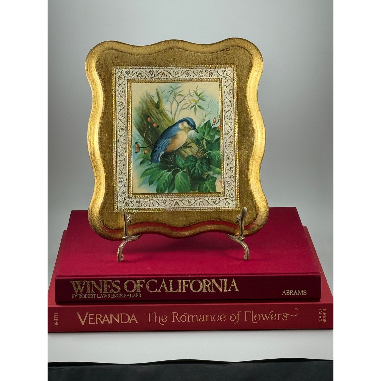 Vintage Italian Gilded Wood Plaque – Bluebird Painting – Made in Italy