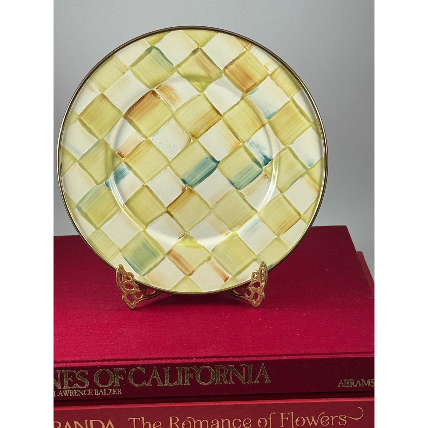 MacKenzie-Childs Parchment Check Canister with Amber Finial + Matching Plate | Brass Label