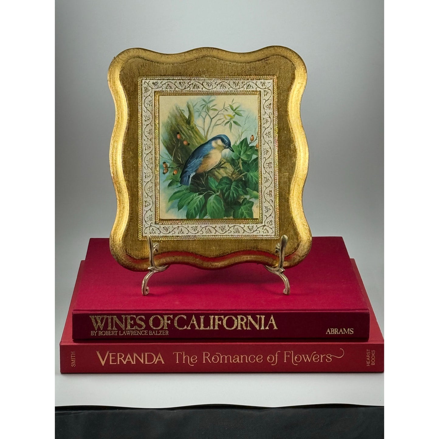 Vintage Italian Gilded Wood Plaque – Bluebird Painting – Made in Italy
