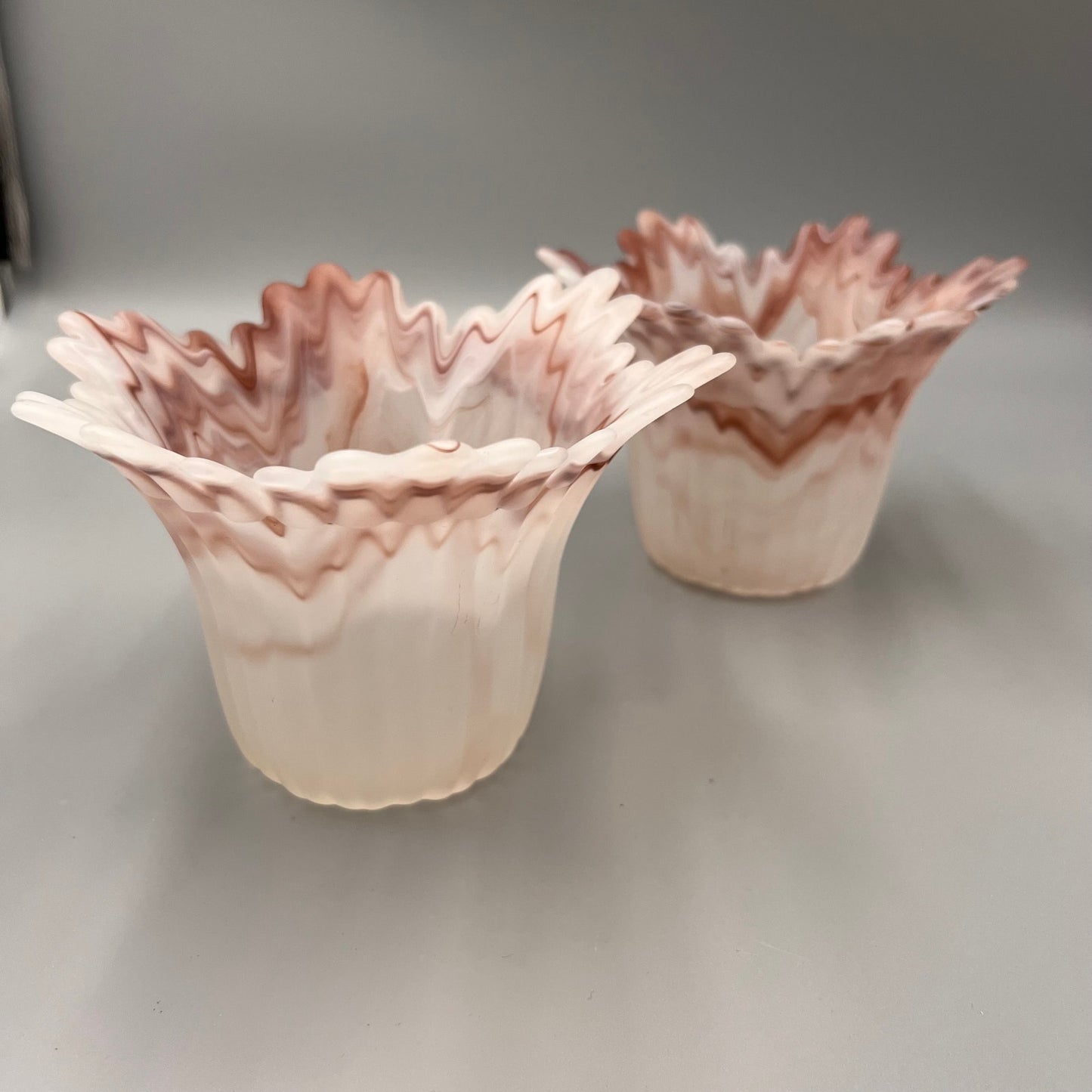 Pair of Marbled Pink Art Glass Lamp Shades – Ruffled Edge Swirl Satin Glass – Vintage Style Light Covers, 1-5/8" Fitter