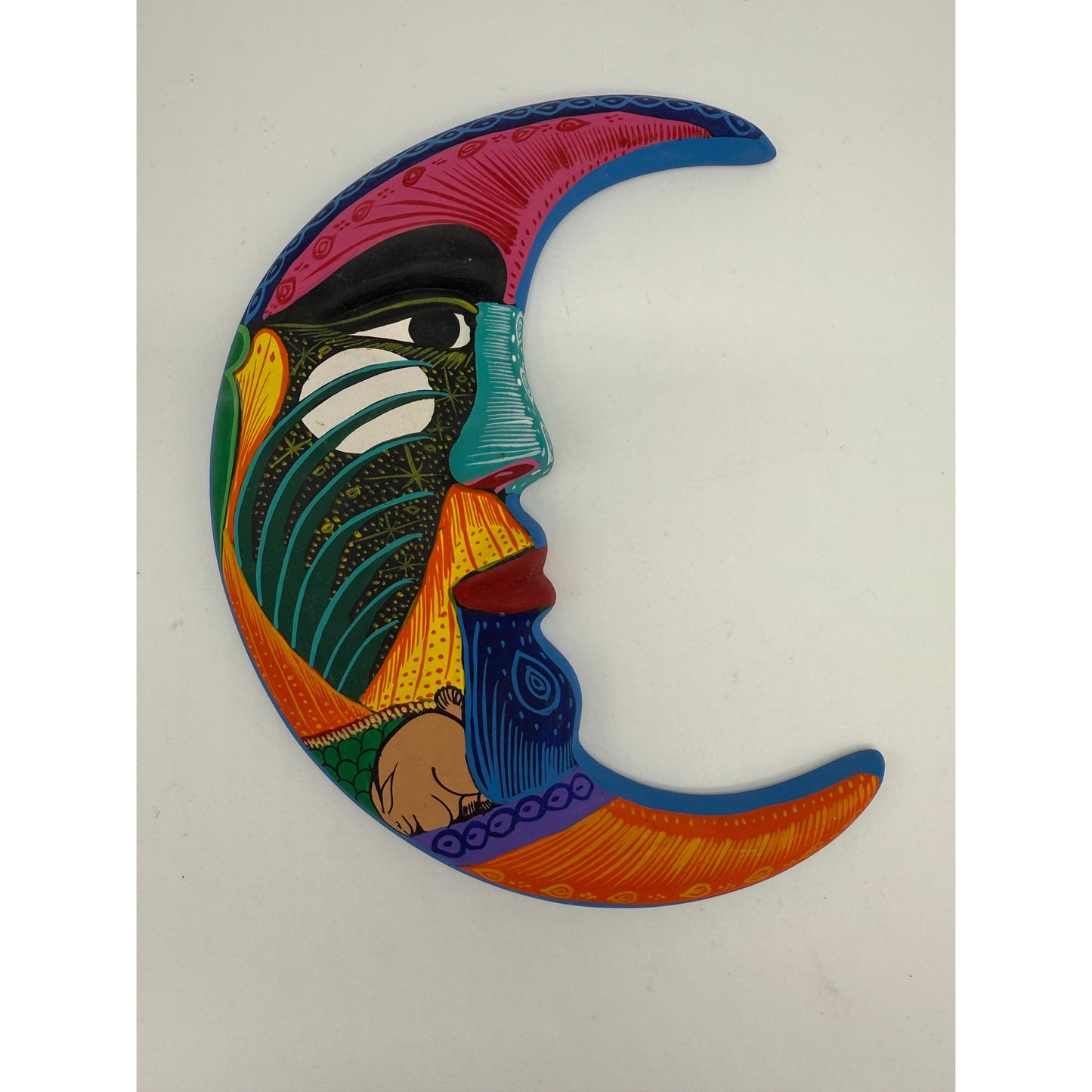 Hand-Painted Mexican Folk Art Crescent Moon Wall Hanging – Vibrant Talavera Style Face – 7” Ceramic Wall Decor