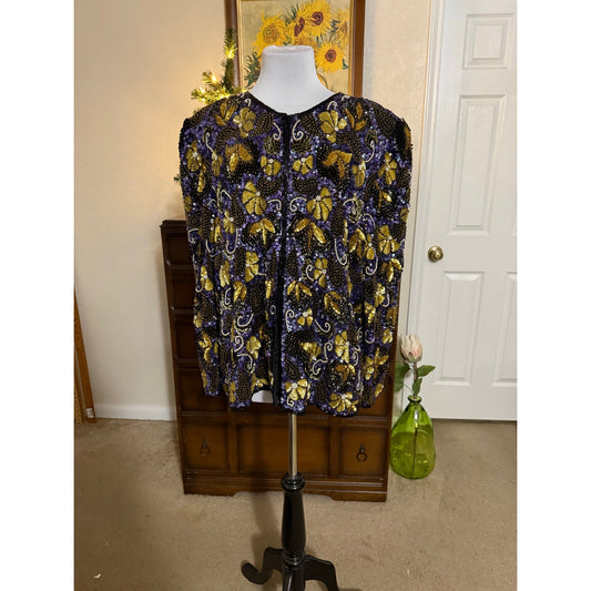 Vintage Lawrence Kazar Beaded Jacket – Purple & Gold Sequin Floral – Plus Size Statement Evening Jacket – 1980s 1990s Luxe Glam