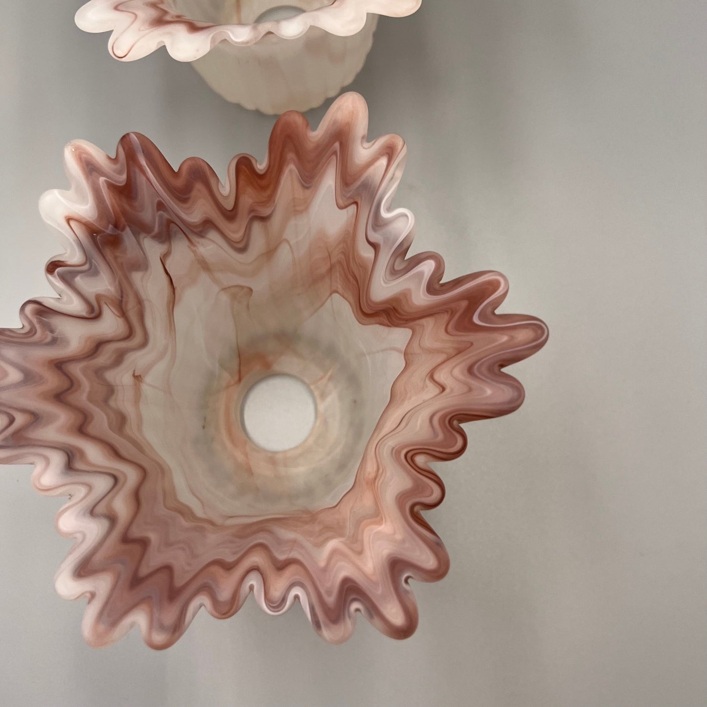 Pair of Marbled Pink Art Glass Lamp Shades – Ruffled Edge Swirl Satin Glass – Vintage Style Light Covers, 1-5/8" Fitter