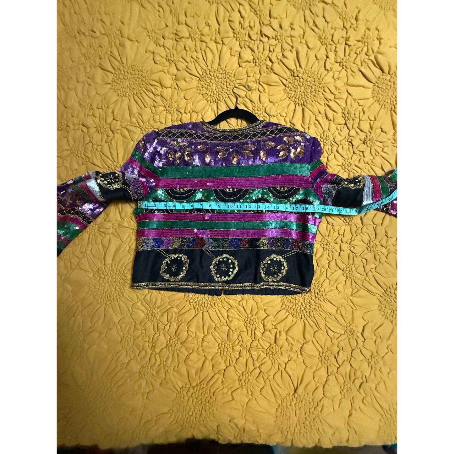 Lawrence Kazar Vintage 1980s Embellished Cropped Jacket XL | Purple Green Sequin Beaded Silk Statement Jacket